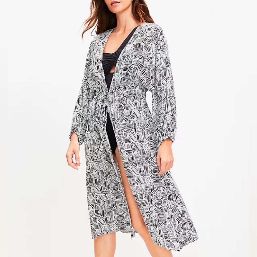 LOFT Black & White Abstract Print Tie-Front Midi Cover Up Dress | Size M/L(1228) - Picture 1 of 14
